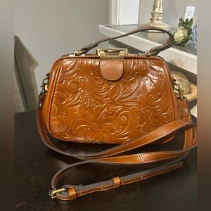 Patricia Nash Gracchi frame satchel in Florence Tooled Brown Leather